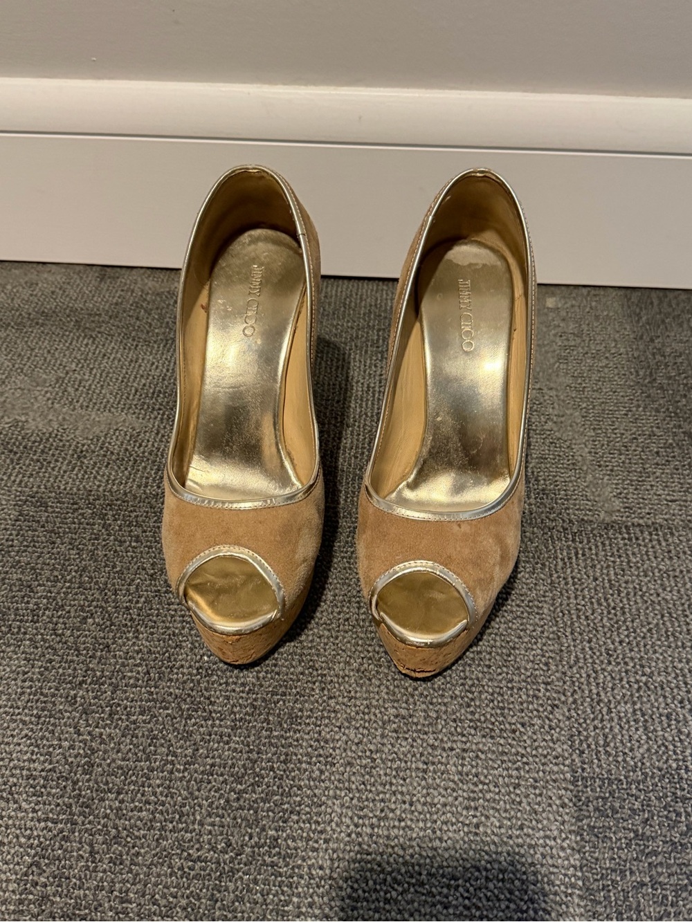 Jimmy Choo Tan Suede Peep-Toe Pumps with Gold Trim